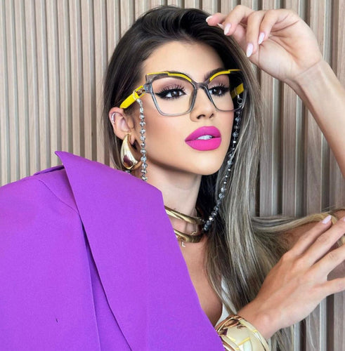 Oculos Quadrado Transparente Haste Amarela Raro