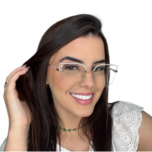 Armação de grau Metal Branca e Dourada Gatinha Brilho na Haste