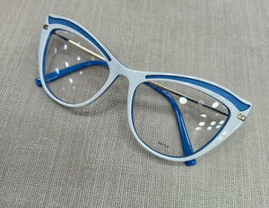 Oculos De Grau Branco e Azul Gatinha Grande Haste Metal